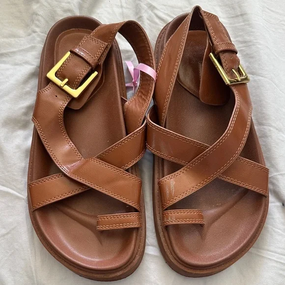Zara Brown Leather cross strap Sandals - Picture 2 of 5